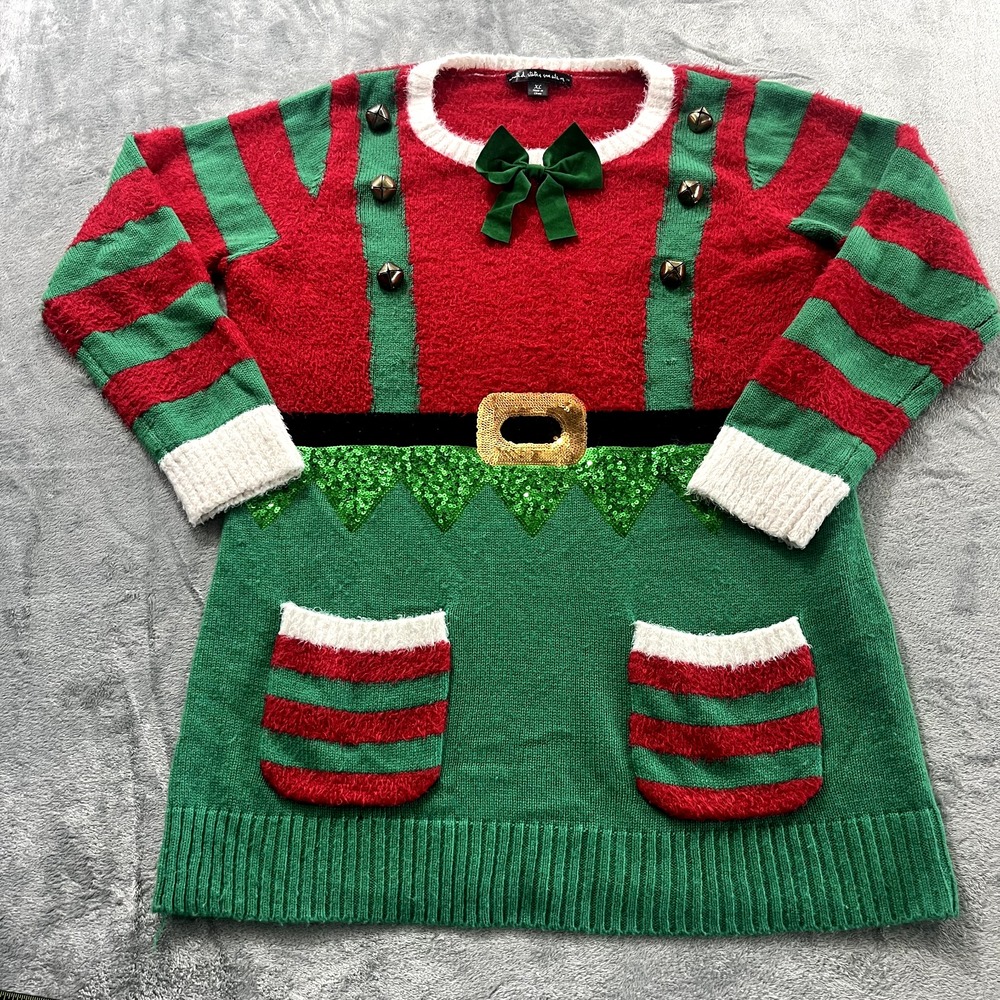 United State Women's Christmas Sweater Size XL Elf Soft Fuzzy Bow Stripe Buckle